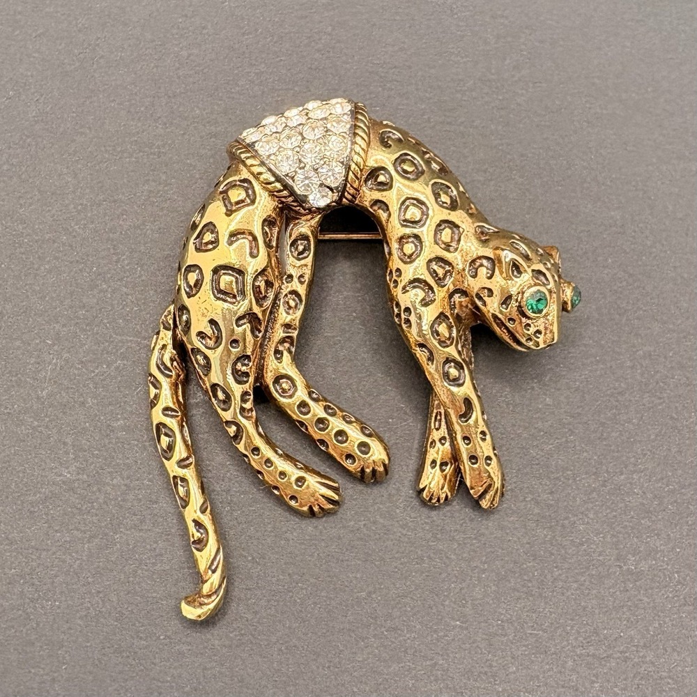 Vintage Eisenberg Ice Spotted Panther Leopard Brooch Articulated Tail Green Eyes